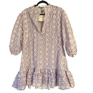 OPT Dress Lilac Striped Eyelet Puff‎ Sleeve Ruffle Hem Mini Dress